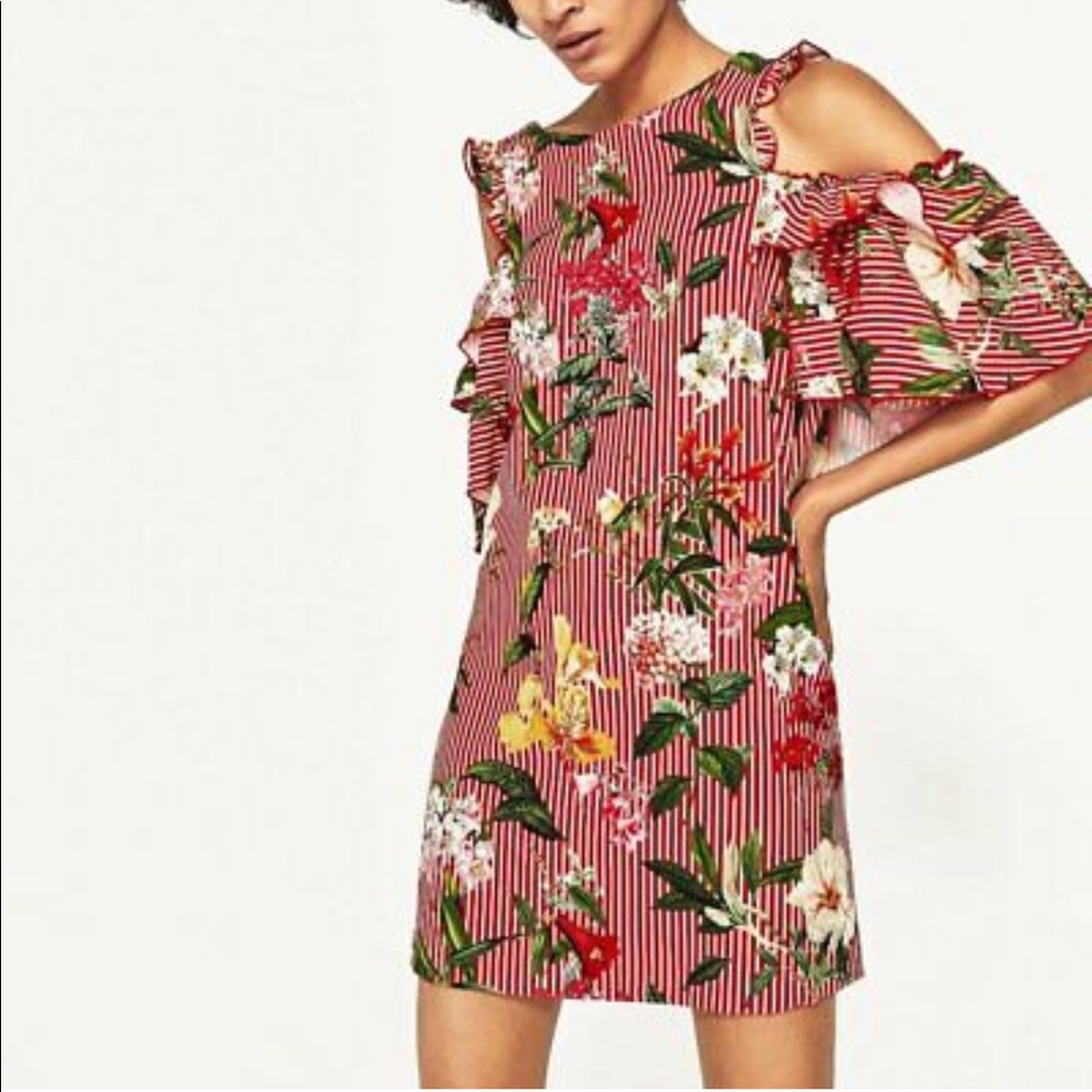 Red Striped Floral Off The Shoulder Dress